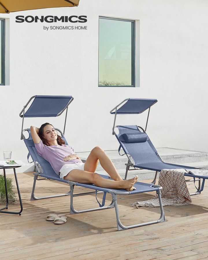 SONGMICS liggestol, foldbar liggestol, solseng, 193 x 53 x 29 cm, maks. belastning 150 kg, med solsk�rm, nakkest�tte, justerbar rygl�n, l�nestol til terrasse, pool, have, bl� GCB192Q01
