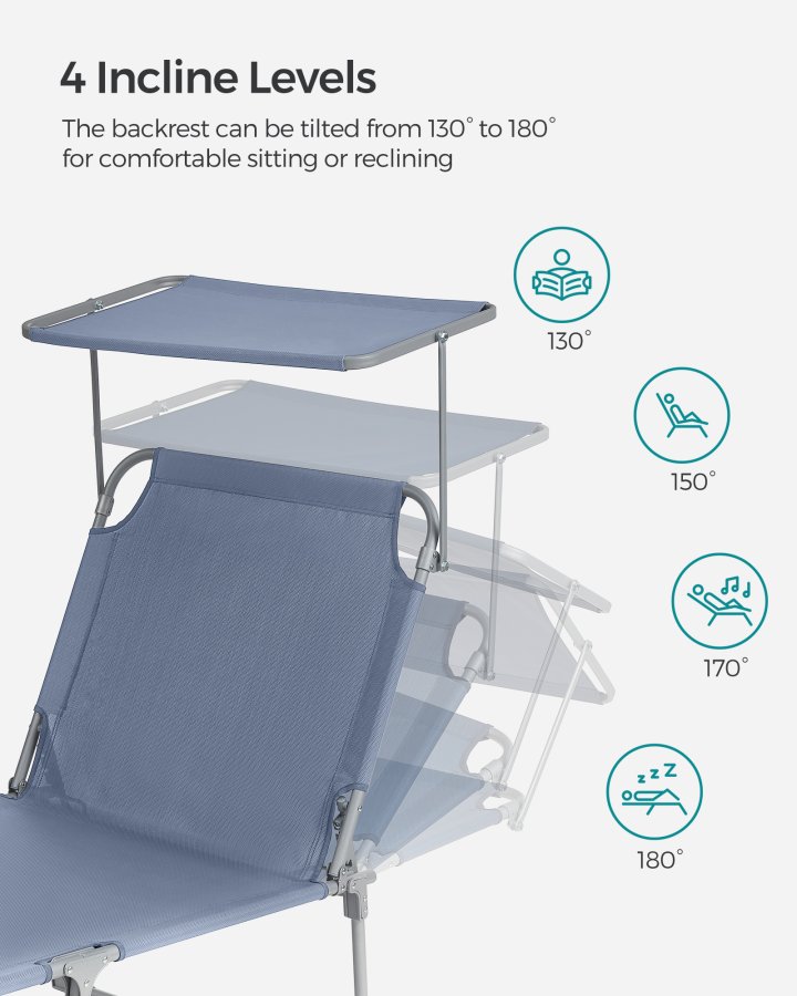 SONGMICS liggestol, foldbar liggestol, solseng, 193 x 53 x 29 cm, maks. belastning 150 kg, med solsk�rm, nakkest�tte, justerbar rygl�n, l�nestol til terrasse, pool, have, bl� GCB192Q01