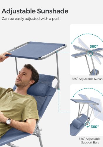 SONGMICS liggestol, foldbar liggestol, solseng, 193 x 53 x 29 cm, maks. belastning 150 kg, med solsk�rm, nakkest�tte, justerbar rygl�n, l�nestol til terrasse, pool, have, bl� GCB192Q01