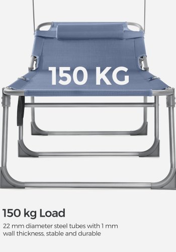 SONGMICS liggestol, foldbar liggestol, solseng, 193 x 53 x 29 cm, maks. belastning 150 kg, med solsk�rm, nakkest�tte, justerbar rygl�n, l�nestol til terrasse, pool, have, bl� GCB192Q01