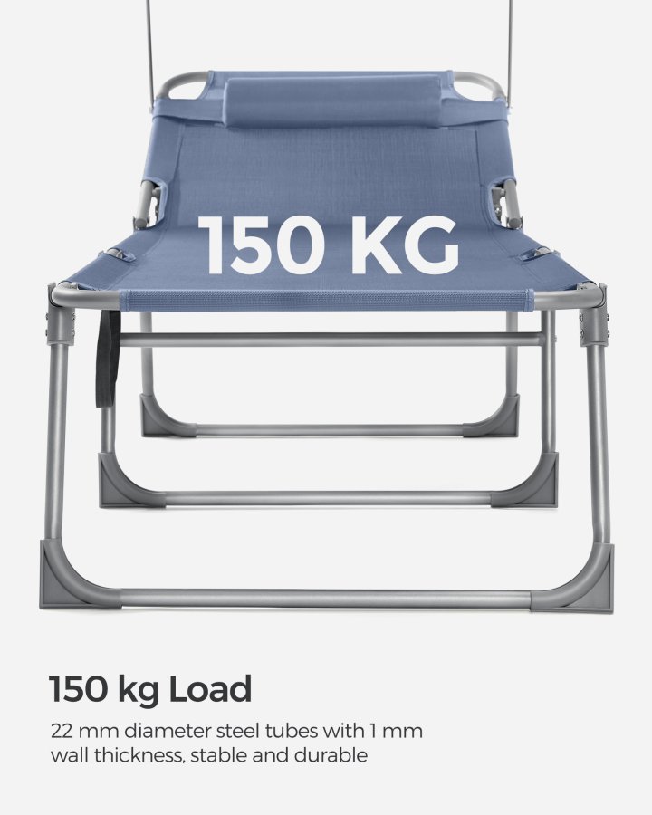 SONGMICS liggestol, foldbar liggestol, solseng, 193 x 53 x 29 cm, maks. belastning 150 kg, med solsk�rm, nakkest�tte, justerbar rygl�n, l�nestol til terrasse, pool, have, bl� GCB192Q01