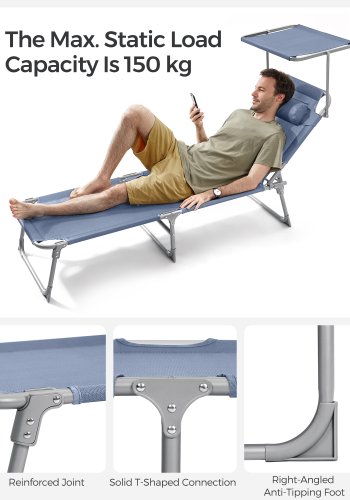 SONGMICS liggestol, foldbar liggestol, solseng, 193 x 53 x 29 cm, maks. belastning 150 kg, med solsk�rm, nakkest�tte, justerbar rygl�n, l�nestol til terrasse, pool, have, bl� GCB192Q01