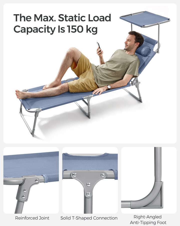 SONGMICS liggestol, foldbar liggestol, solseng, 193 x 53 x 29 cm, maks. belastning 150 kg, med solsk�rm, nakkest�tte, justerbar rygl�n, l�nestol til terrasse, pool, have, bl� GCB192Q01