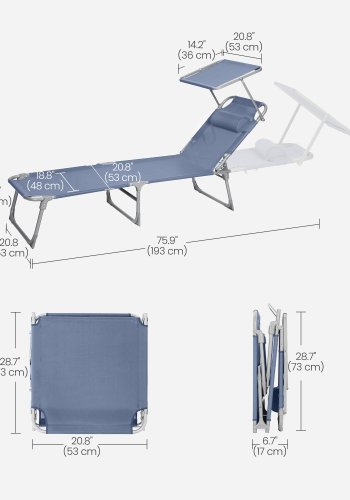 SONGMICS liggestol, foldbar liggestol, solseng, 193 x 53 x 29 cm, maks. belastning 150 kg, med solsk�rm, nakkest�tte, justerbar rygl�n, l�nestol til terrasse, pool, have, bl� GCB192Q01