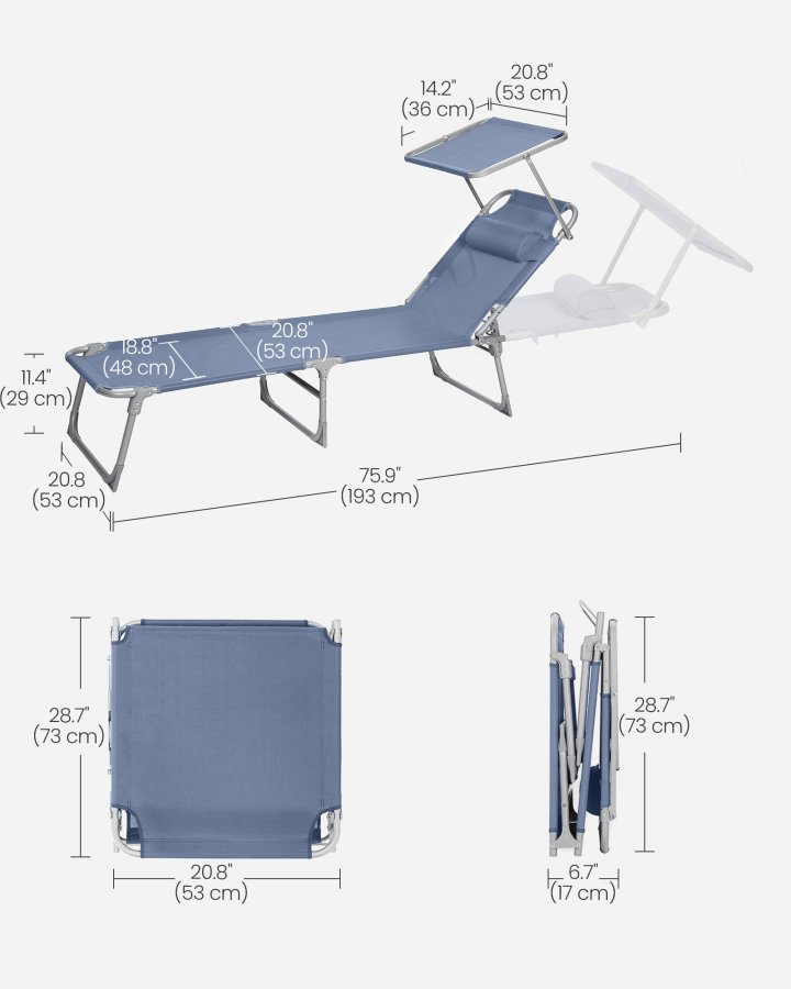 SONGMICS liggestol, foldbar liggestol, solseng, 193 x 53 x 29 cm, maks. belastning 150 kg, med solsk�rm, nakkest�tte, justerbar rygl�n, l�nestol til terrasse, pool, have, bl� GCB192Q01