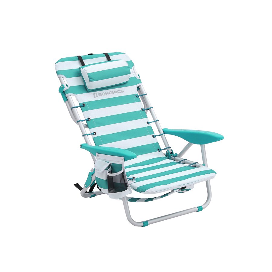 SONGMICS GCB62JW strandstol, m. justerbar rygl�n, arml�n, nakkest�tte, 2 sidelommer, foldbar, b�rbar - gr�n/hvid stof og aluminium