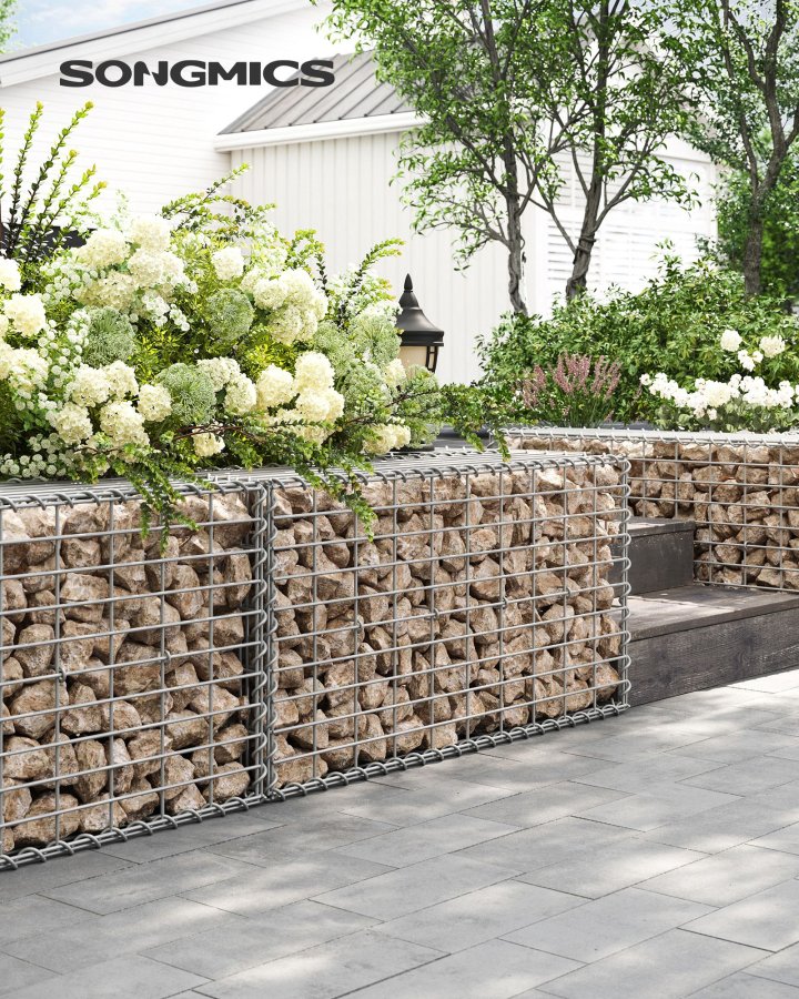 SONGMICS Gabionkurv, Metal Gabionbur med 5 x 10 cm net til sten, Galvaniseret, Havedekorationsv�gskillev�g, 100 x 50 x 30 cm, S�lv GGB153