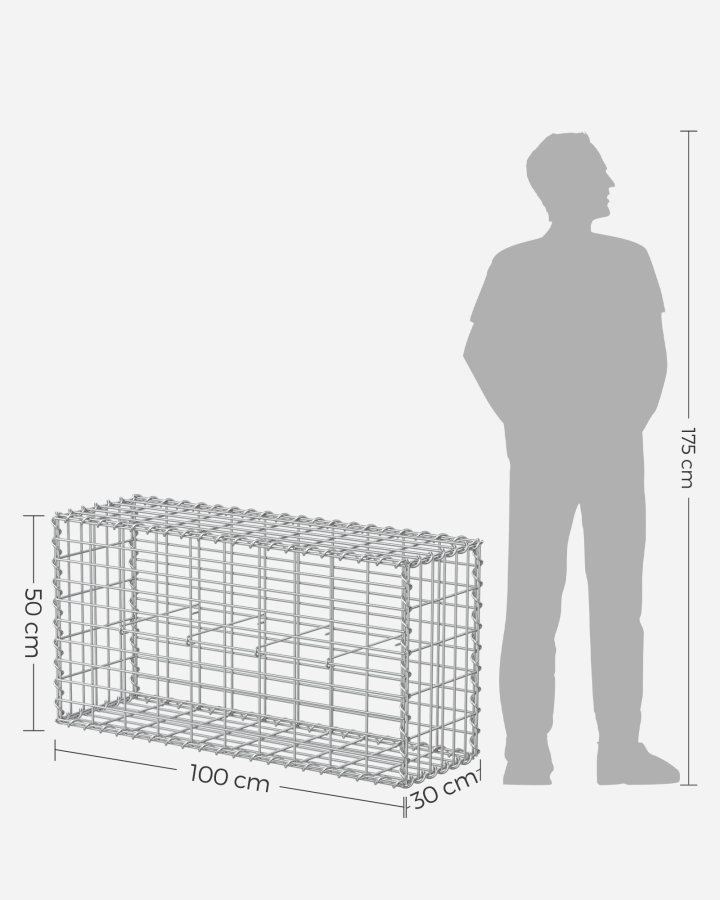 SONGMICS Gabionkurv, Metal Gabionbur med 5 x 10 cm net til sten, Galvaniseret, Havedekorationsv�gskillev�g, 100 x 50 x 30 cm, S�lv GGB153