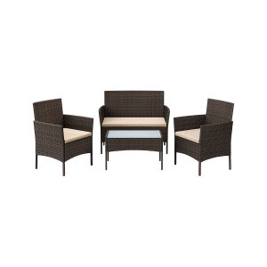 SONGMICS GGF004K05 udend�rs lounges�t, m. 1 bord, 1 sofa, 2 stole, hynder - glas, brun/taupe polyethylen og st�l (s�t med 4)