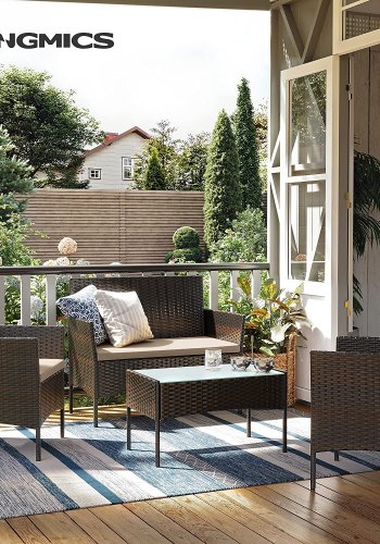 SONGMICS GGF004K05 udend�rs lounges�t, m. 1 bord, 1 sofa, 2 stole, hynder - glas, brun/taupe polyethylen og st�l (s�t med 4)