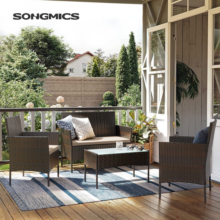 SONGMICS GGF004K05 Balkon Havem�bels�t PE Polyrattan Lounges�t Havem�bler Udend�rs til Terrasse Balkon Have Brun Taupe