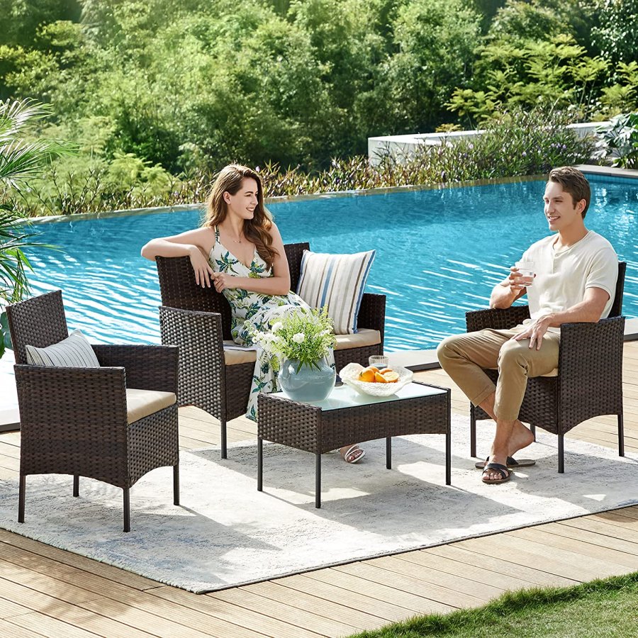 SONGMICS GGF004K05 Balkon Havem�bels�t PE Polyrattan Lounges�t Havem�bler Udend�rs til Terrasse Balkon Have Brun Taupe