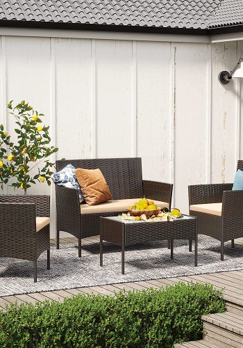 SONGMICS GGF004K05 Balkon Havem�bels�t PE Polyrattan Lounges�t Havem�bler Udend�rs til Terrasse Balkon Have Brun Taupe