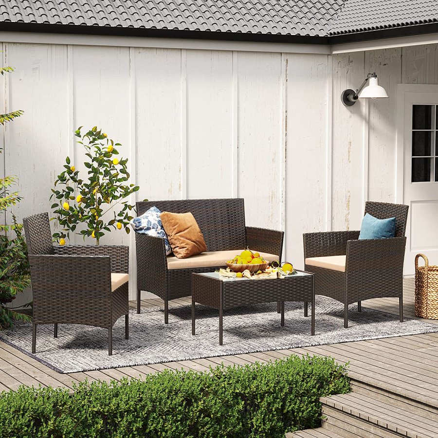 SONGMICS GGF004K05 Balkon Havem�bels�t PE Polyrattan Lounges�t Havem�bler Udend�rs til Terrasse Balkon Have Brun Taupe