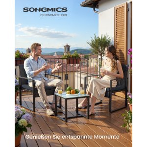 SONGMICS GGF010B01 udend�rs lounges�t, m. 1 sidebord, 2 stole, hynder - glas, sort polyrattan og st�l (s�t med 3)