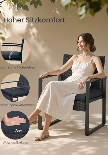 SONGMICS GGF010B01 udend�rs lounges�t, m. 1 sidebord, 2 stole, hynder - glas, sort polyrattan og st�l (s�t med 3)