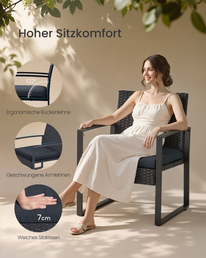SONGMICS GGF010B01 udend�rs lounges�t, m. 1 sidebord, 2 stole, hynder - glas, sort polyrattan og st�l (s�t med 3)