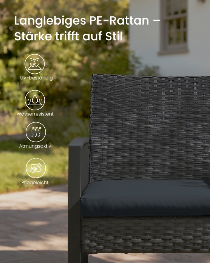 SONGMICS GGF010B01 udend�rs lounges�t, m. 1 sidebord, 2 stole, hynder - glas, sort polyrattan og st�l (s�t med 3)
