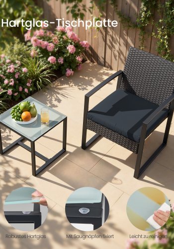 SONGMICS GGF010B01 udend�rs lounges�t, m. 1 sidebord, 2 stole, hynder - glas, sort polyrattan og st�l (s�t med 3)