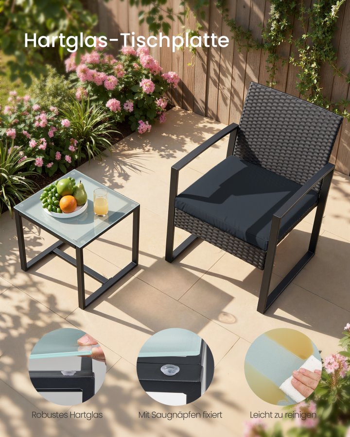 SONGMICS GGF010B01 udend�rs lounges�t, m. 1 sidebord, 2 stole, hynder - glas, sort polyrattan og st�l (s�t med 3)