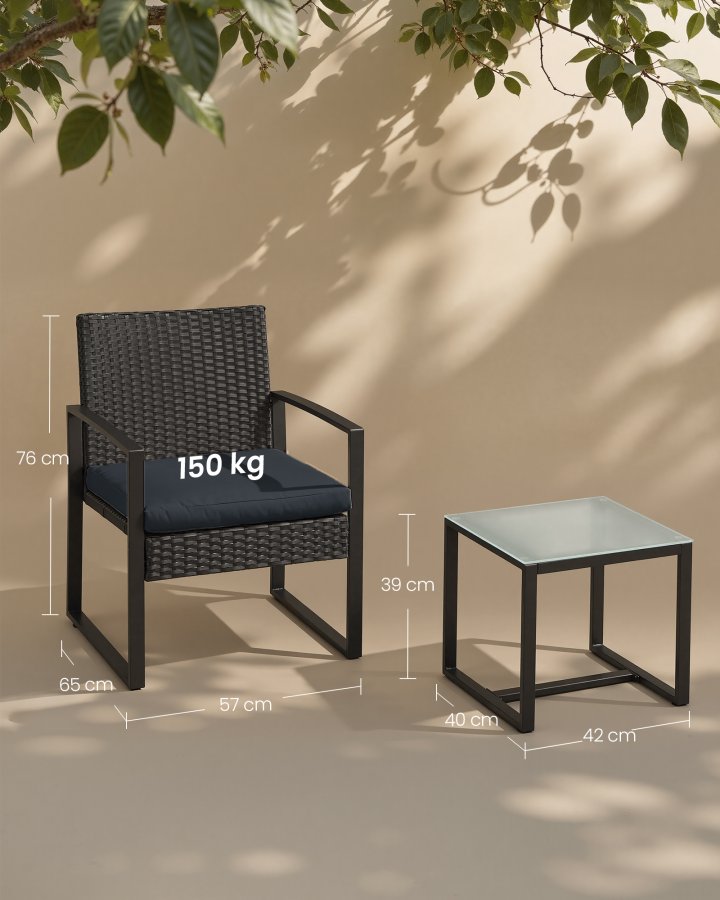 SONGMICS GGF010B01 udend�rs lounges�t, m. 1 sidebord, 2 stole, hynder - glas, sort polyrattan og st�l (s�t med 3)
