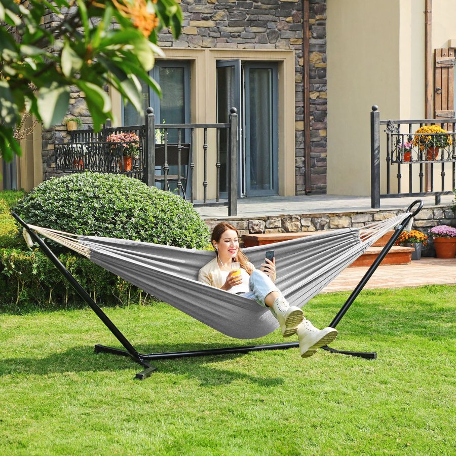 SONGMICS H�ngek�je med Stativ, 210 x 150 cm H�ngek�je, 5 Justerbare H�jder, B�rbar H�ngek�je med Metalramme, Belastningskapacitet 240 kg, Terrasse, Have, Veranda, Sort Stativ og Gr� H�ngek�je GHS001G01