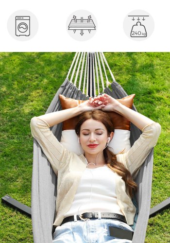 SONGMICS H�ngek�je med Stativ, 210 x 150 cm H�ngek�je, 5 Justerbare H�jder, B�rbar H�ngek�je med Metalramme, Belastningskapacitet 240 kg, Terrasse, Have, Veranda, Sort Stativ og Gr� H�ngek�je GHS001G01