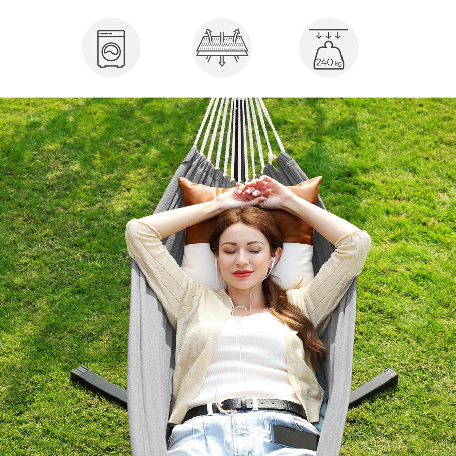 SONGMICS H�ngek�je med Stativ, 210 x 150 cm H�ngek�je, 5 Justerbare H�jder, B�rbar H�ngek�je med Metalramme, Belastningskapacitet 240 kg, Terrasse, Have, Veranda, Sort Stativ og Gr� H�ngek�je GHS001G01