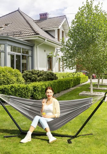 SONGMICS H�ngek�je med Stativ, 210 x 150 cm H�ngek�je, 5 Justerbare H�jder, B�rbar H�ngek�je med Metalramme, Belastningskapacitet 240 kg, Terrasse, Have, Veranda, Sort Stativ og Gr� H�ngek�je GHS001G01