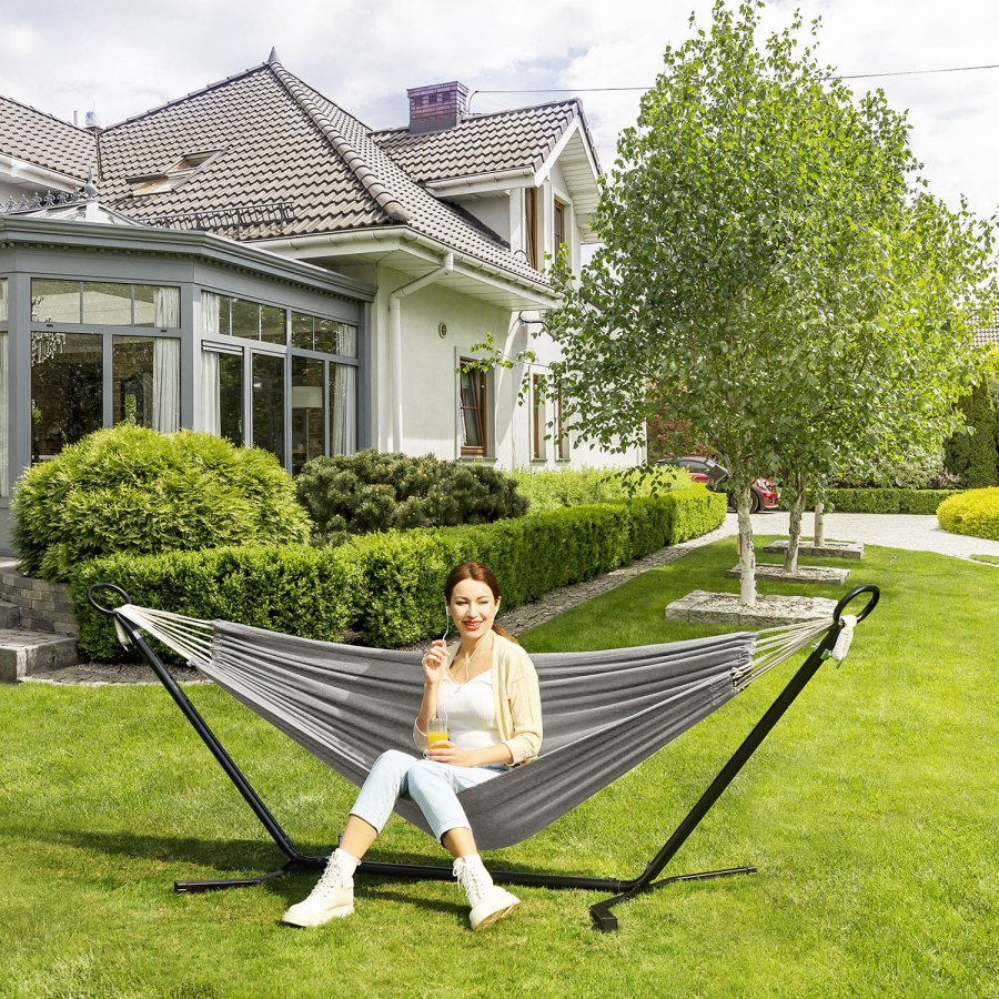 SONGMICS H�ngek�je med Stativ, 210 x 150 cm H�ngek�je, 5 Justerbare H�jder, B�rbar H�ngek�je med Metalramme, Belastningskapacitet 240 kg, Terrasse, Have, Veranda, Sort Stativ og Gr� H�ngek�je GHS001G01