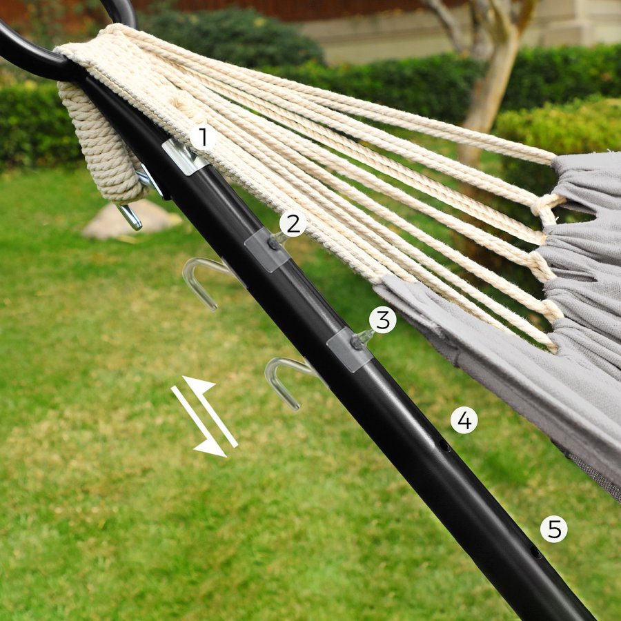 SONGMICS H�ngek�je med Stativ, 210 x 150 cm H�ngek�je, 5 Justerbare H�jder, B�rbar H�ngek�je med Metalramme, Belastningskapacitet 240 kg, Terrasse, Have, Veranda, Sort Stativ og Gr� H�ngek�je GHS001G01