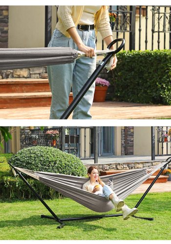 SONGMICS H�ngek�je med Stativ, 210 x 150 cm H�ngek�je, 5 Justerbare H�jder, B�rbar H�ngek�je med Metalramme, Belastningskapacitet 240 kg, Terrasse, Have, Veranda, Sort Stativ og Gr� H�ngek�je GHS001G01