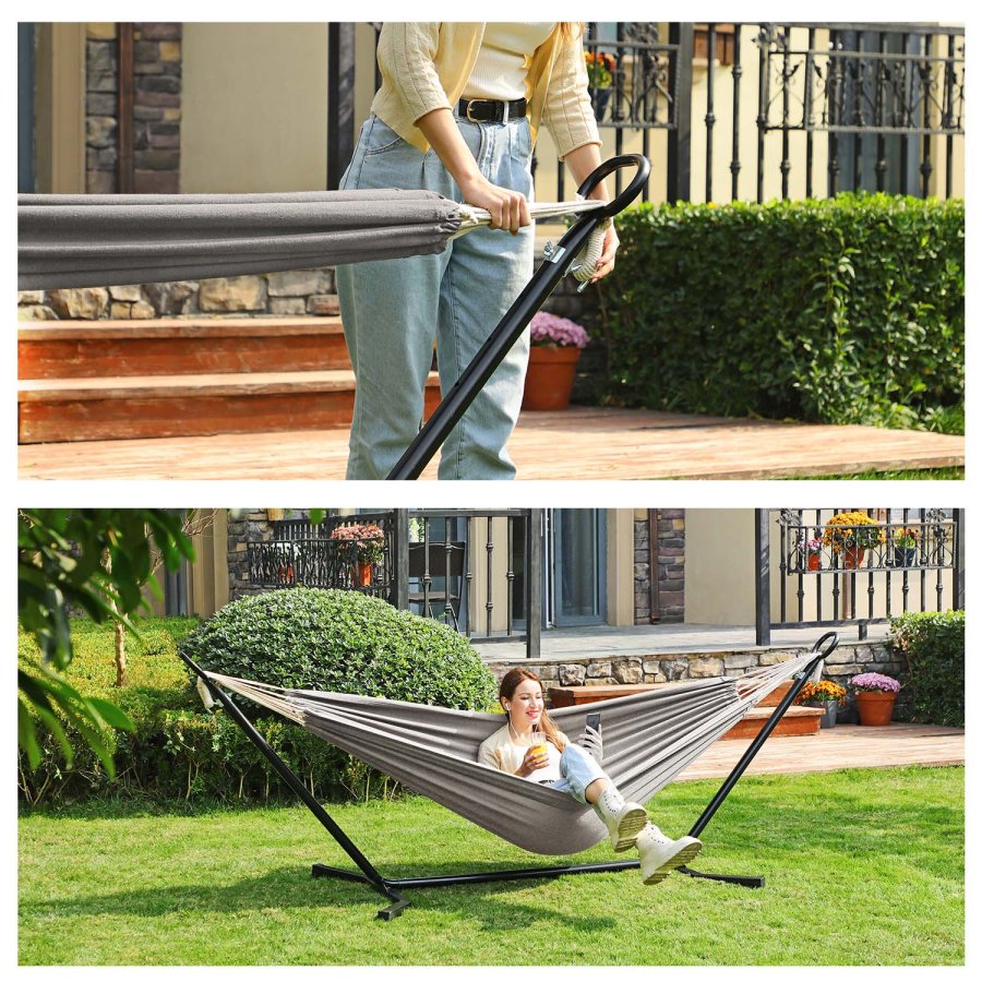 SONGMICS H�ngek�je med Stativ, 210 x 150 cm H�ngek�je, 5 Justerbare H�jder, B�rbar H�ngek�je med Metalramme, Belastningskapacitet 240 kg, Terrasse, Have, Veranda, Sort Stativ og Gr� H�ngek�je GHS001G01