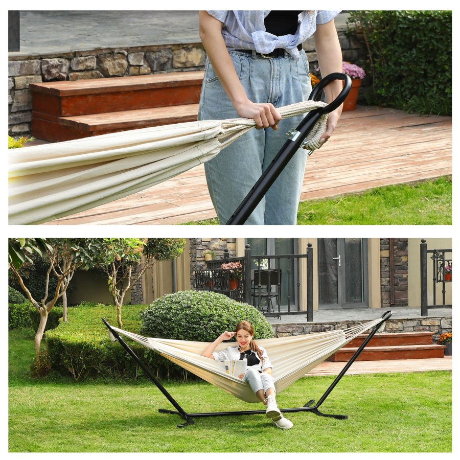 SONGMICS H�ngek�je med Stativ, 210 x 150 cm H�ngek�je, 5 Justerbare H�jder, B�rbar H�ngek�je med Metalramme, Belastningskapacitet 240 kg, Terrasse, Have, Veranda, Sort Stativ og Beige H�ngek�je GHS001M01