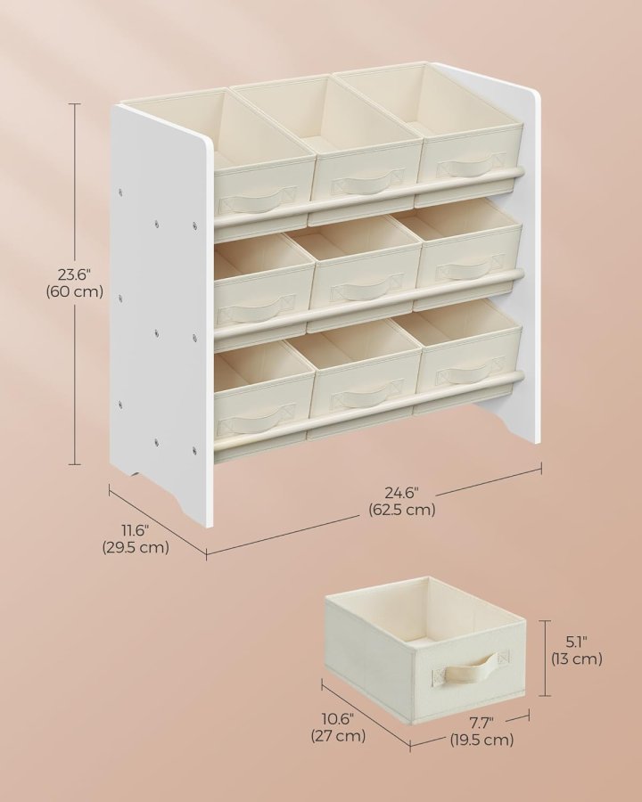 SONGMICS Leget�jsorganisator, B�rneleget�jshylde med 9 kasser af ikke-v�vet stof, til b�rnev�relse og legerum, Rummelig, 29,5 x 62,5 x 60 cm, Cloud White GKR033W10