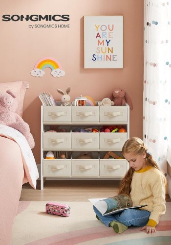 SONGMICS Leget�jsorganisator, B�rneleget�jshylde med 9 kasser af ikke-v�vet stof, til b�rnev�relse og legerum, Rummelig, 29,5 x 62,5 x 60 cm, Cloud White GKR033W10