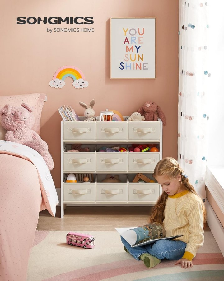 SONGMICS Leget�jsorganisator, B�rneleget�jshylde med 9 kasser af ikke-v�vet stof, til b�rnev�relse og legerum, Rummelig, 29,5 x 62,5 x 60 cm, Cloud White GKR033W10