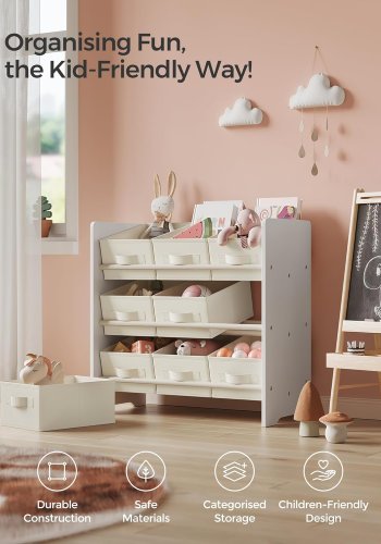SONGMICS Leget�jsorganisator, B�rneleget�jshylde med 9 kasser af ikke-v�vet stof, til b�rnev�relse og legerum, Rummelig, 29,5 x 62,5 x 60 cm, Cloud White GKR033W10