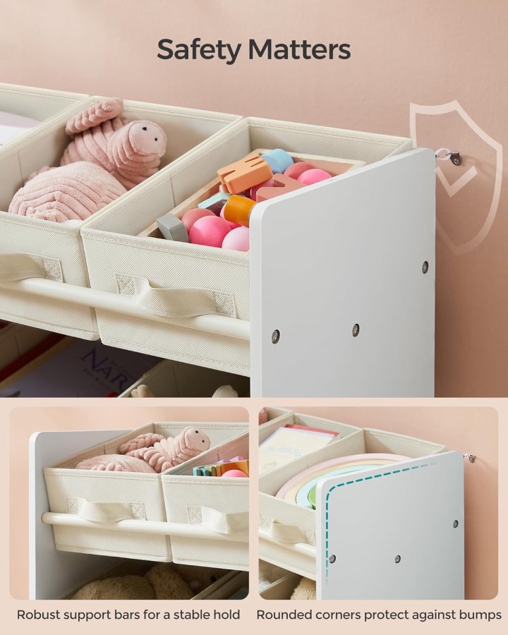 SONGMICS Leget�jsorganisator, B�rneleget�jshylde med 9 kasser af ikke-v�vet stof, til b�rnev�relse og legerum, Rummelig, 29,5 x 62,5 x 60 cm, Cloud White GKR033W10