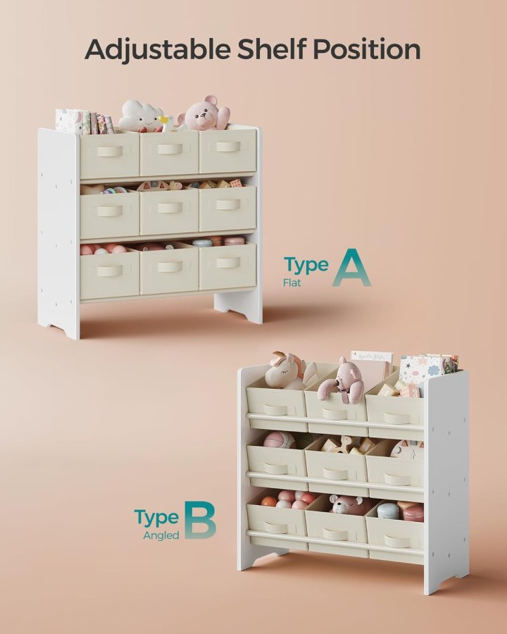 SONGMICS Leget�jsorganisator, B�rneleget�jshylde med 9 kasser af ikke-v�vet stof, til b�rnev�relse og legerum, Rummelig, 29,5 x 62,5 x 60 cm, Cloud White GKR033W10