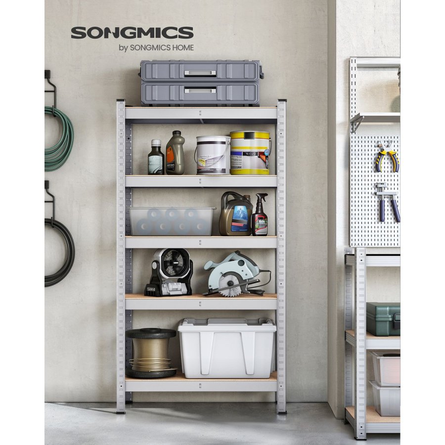 SONGMICS 5-etagers reol, st�lreol til opbevaring, boltl�s montering, til garage, skur, lasteevne 650 kg, 30 x 75 x 150 cm, s�lv GLR030E01