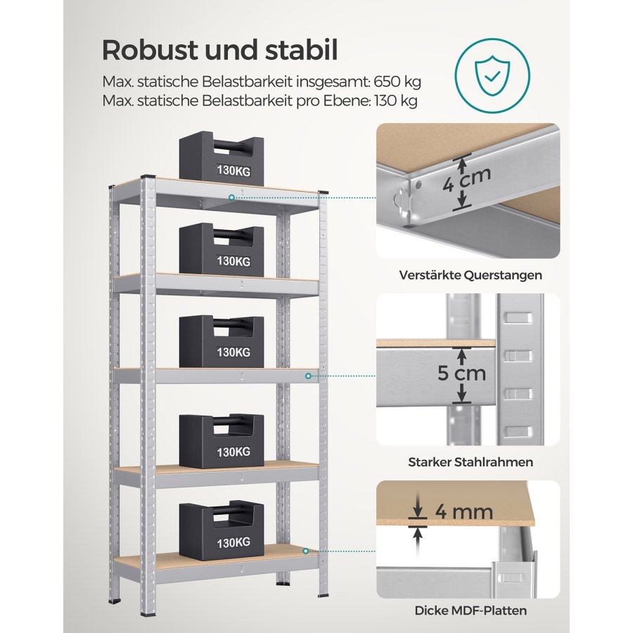 SONGMICS 5-etagers reol, st�lreol til opbevaring, boltl�s montering, til garage, skur, lasteevne 650 kg, 30 x 75 x 150 cm, s�lv GLR030E01