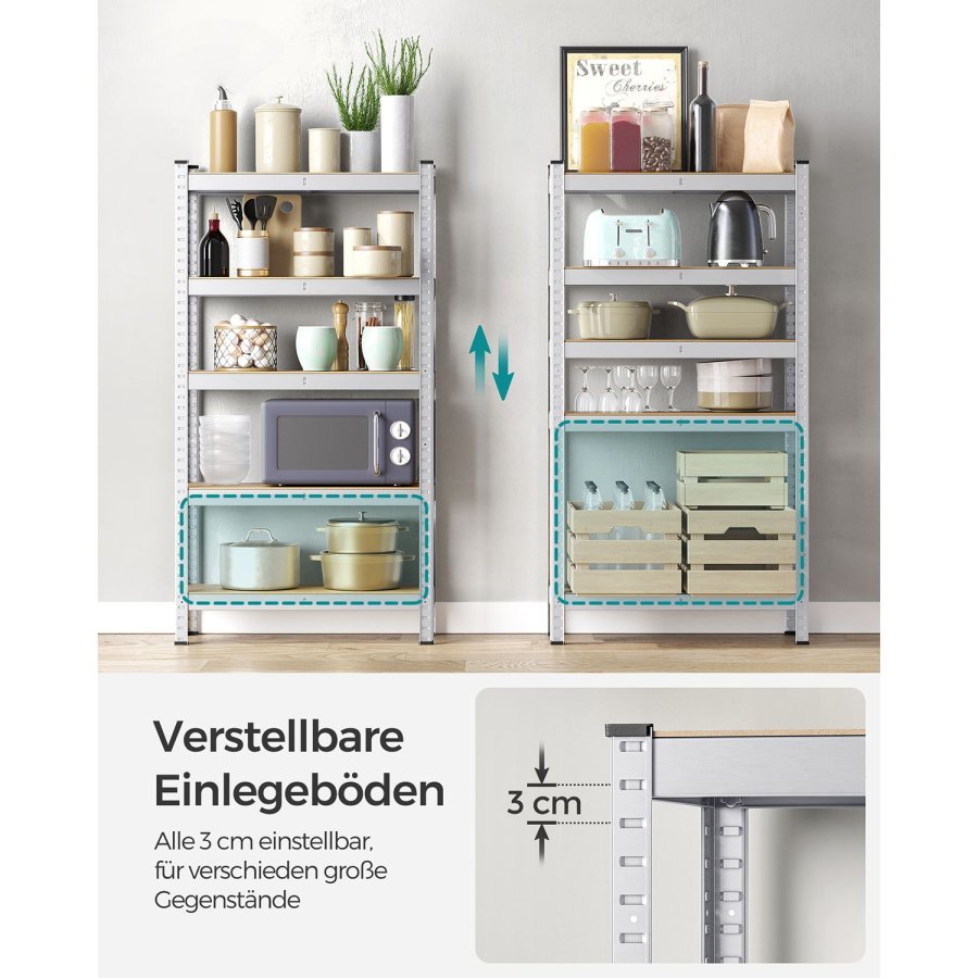 SONGMICS 5-etagers reol, st�lreol til opbevaring, boltl�s montering, til garage, skur, lasteevne 650 kg, 30 x 75 x 150 cm, s�lv GLR030E01