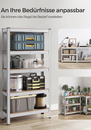 SONGMICS 5-etagers reol, st�lreol til opbevaring, boltl�s montering, til garage, skur, lasteevne 650 kg, 30 x 75 x 150 cm, s�lv GLR030E01