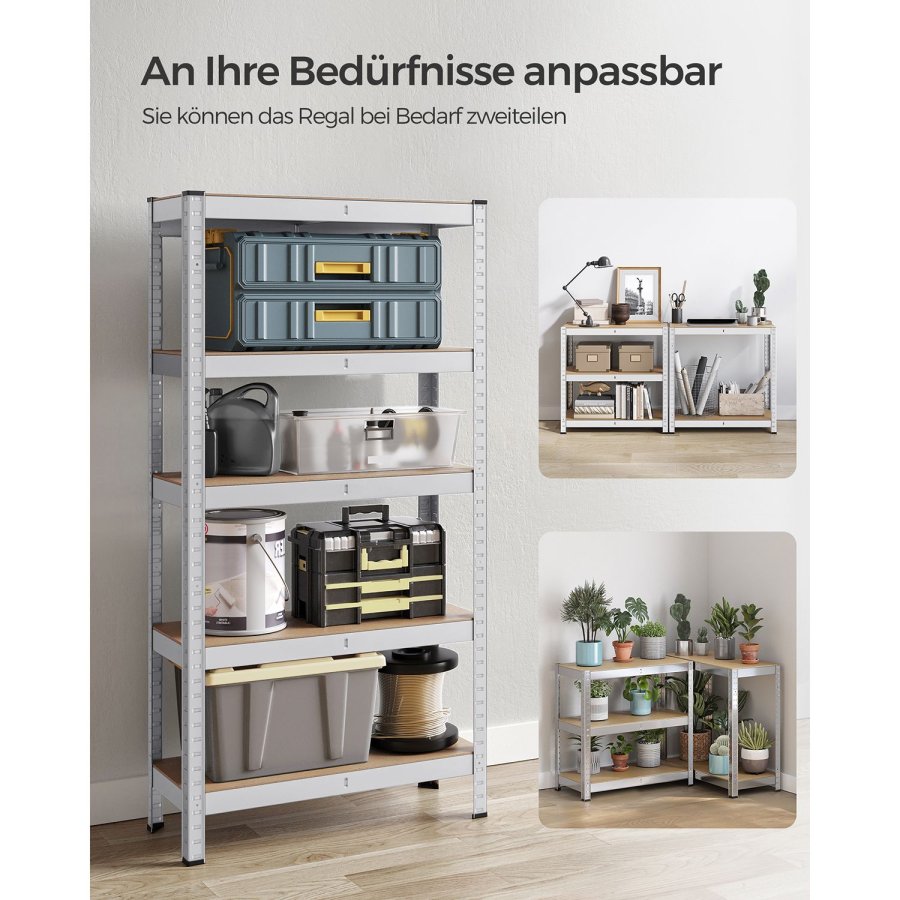 SONGMICS 5-etagers reol, st�lreol til opbevaring, boltl�s montering, til garage, skur, lasteevne 650 kg, 30 x 75 x 150 cm, s�lv GLR030E01