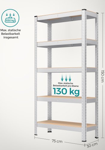 SONGMICS 5-etagers reol, st�lreol til opbevaring, boltl�s montering, til garage, skur, lasteevne 650 kg, 30 x 75 x 150 cm, s�lv GLR030E01