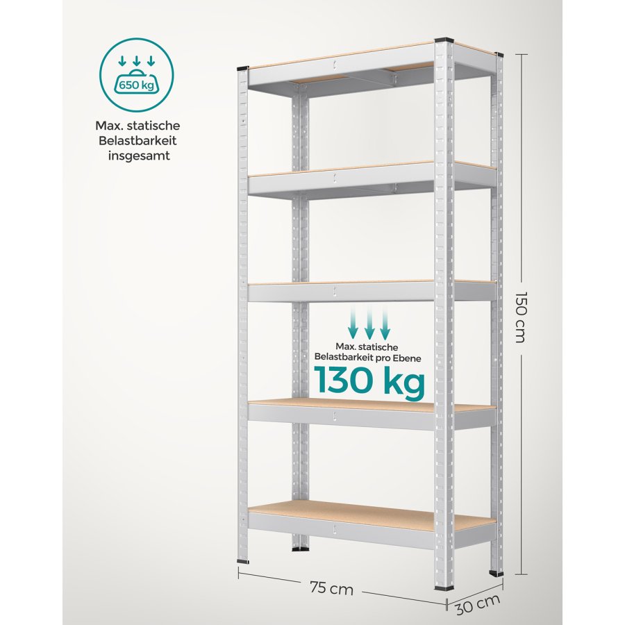 SONGMICS 5-etagers reol, st�lreol til opbevaring, boltl�s montering, til garage, skur, lasteevne 650 kg, 30 x 75 x 150 cm, s�lv GLR030E01