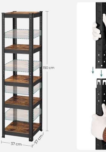 SONGMICS reol, 37 x 37 x 150 cm, 400 kg lasteevne (80 kg pr. hylde), industriel, justerbare opbevaringshylder, til stue, k�kken, garage, rustik brun og sort GLR037B01