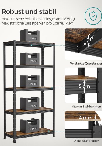 SONGMICS GLR040B11 reol, m. 5 hylder - vintage brun sp�nplade og sort st�l (H:180)