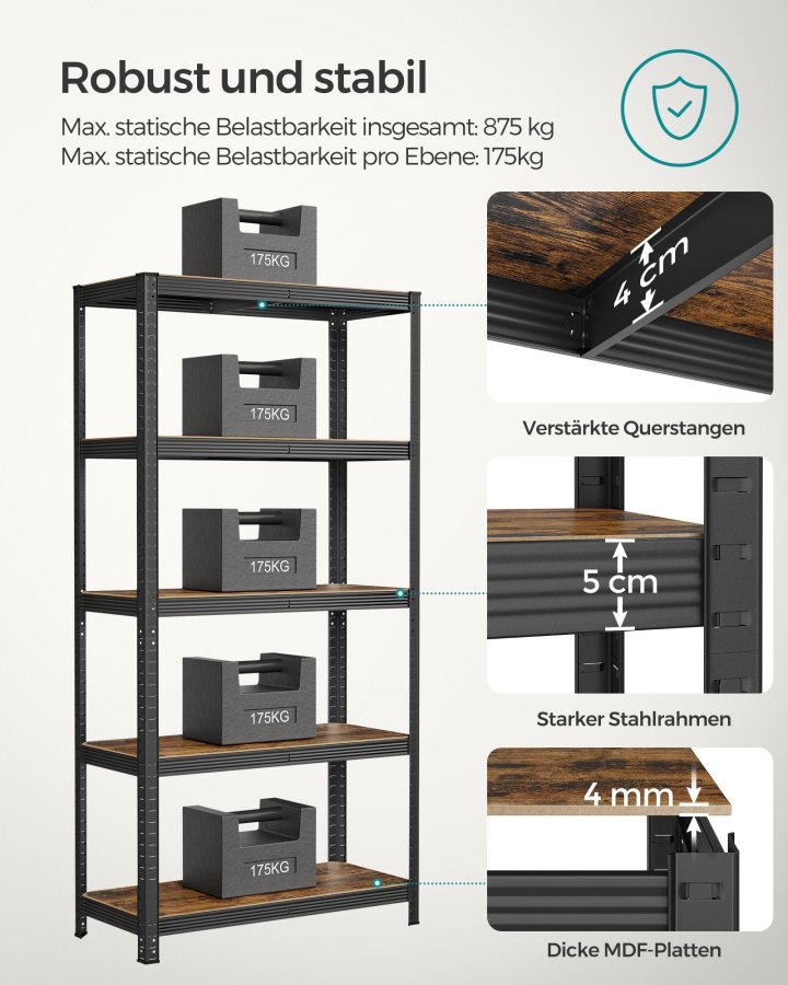SONGMICS reol, 40 x 90 x 180 cm, 875 kg lasteevne (175 kg pr. hylde), industriel, justerbare opbevaringshylder, til stue, k�kken, garage, rustik brun og sort GLR040B11